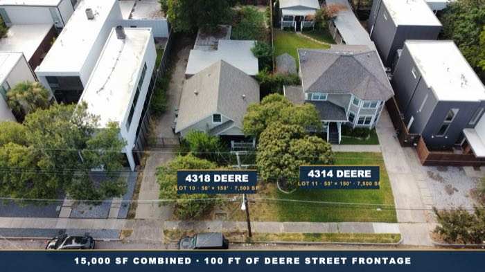 Aerial view of the two Deere Street lots with their front lawns — the single-storey house at left is 4318, the two-storey at right is 4314 — flanked by modern three-story buildings on both sides.