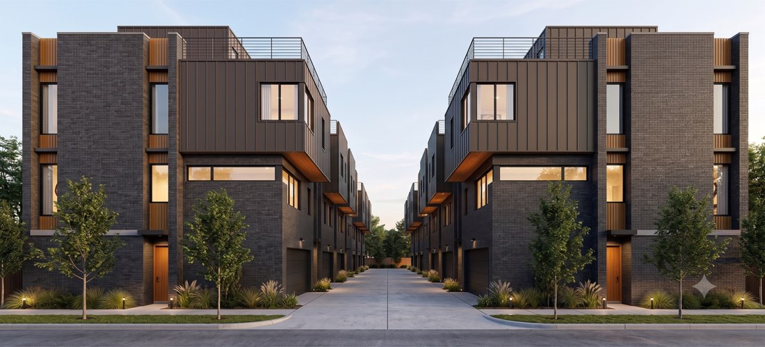 Conceptual rendering of alley-loaded townhomes.